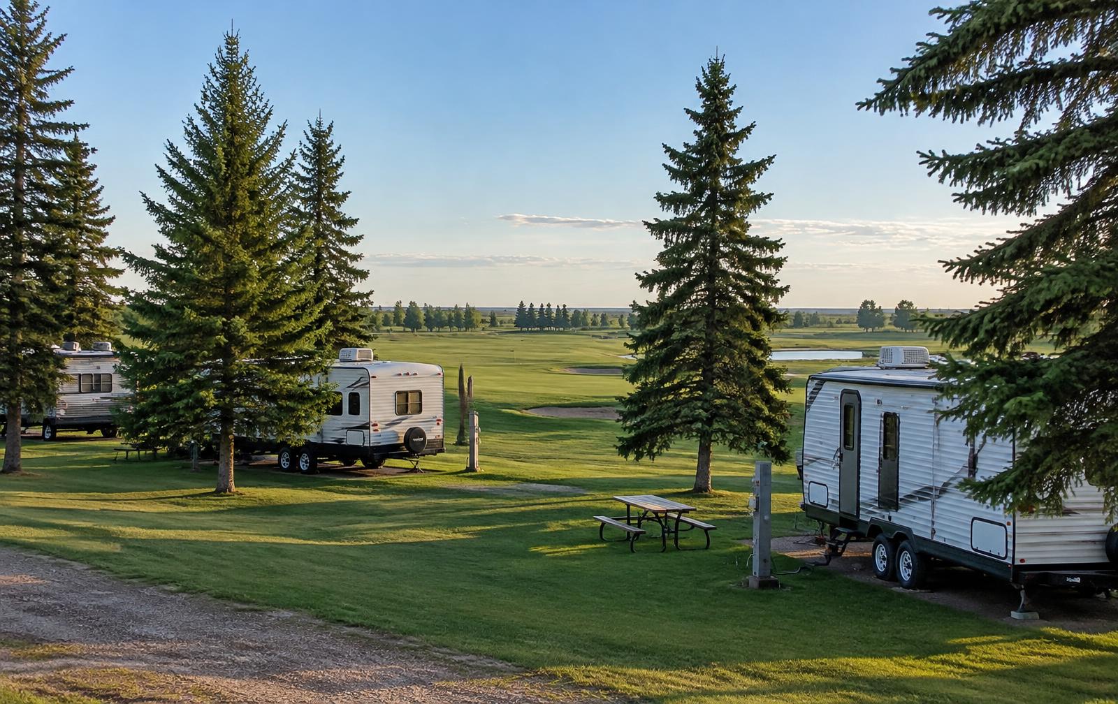 Trailers parked on grassy RV sites among pine trees