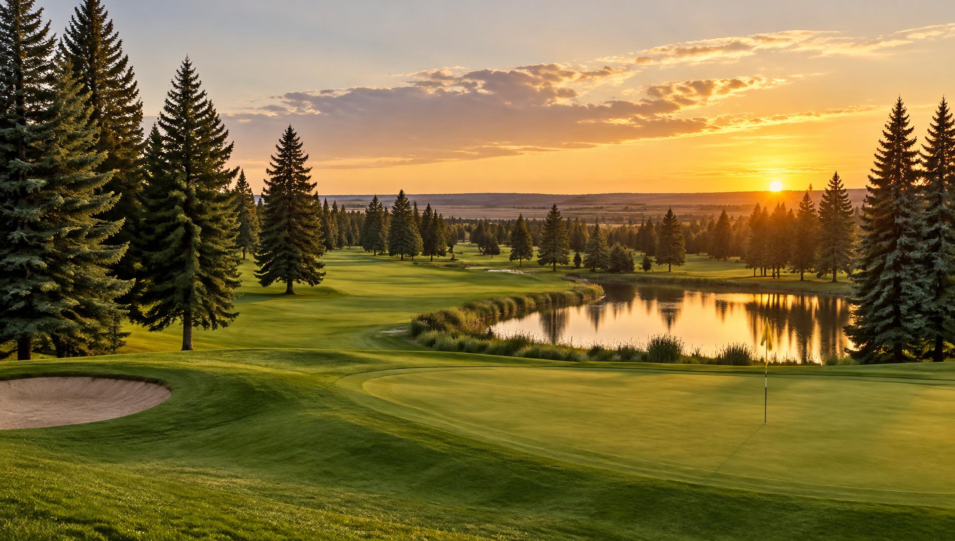 A pine-lined fairway and pond at golden hour