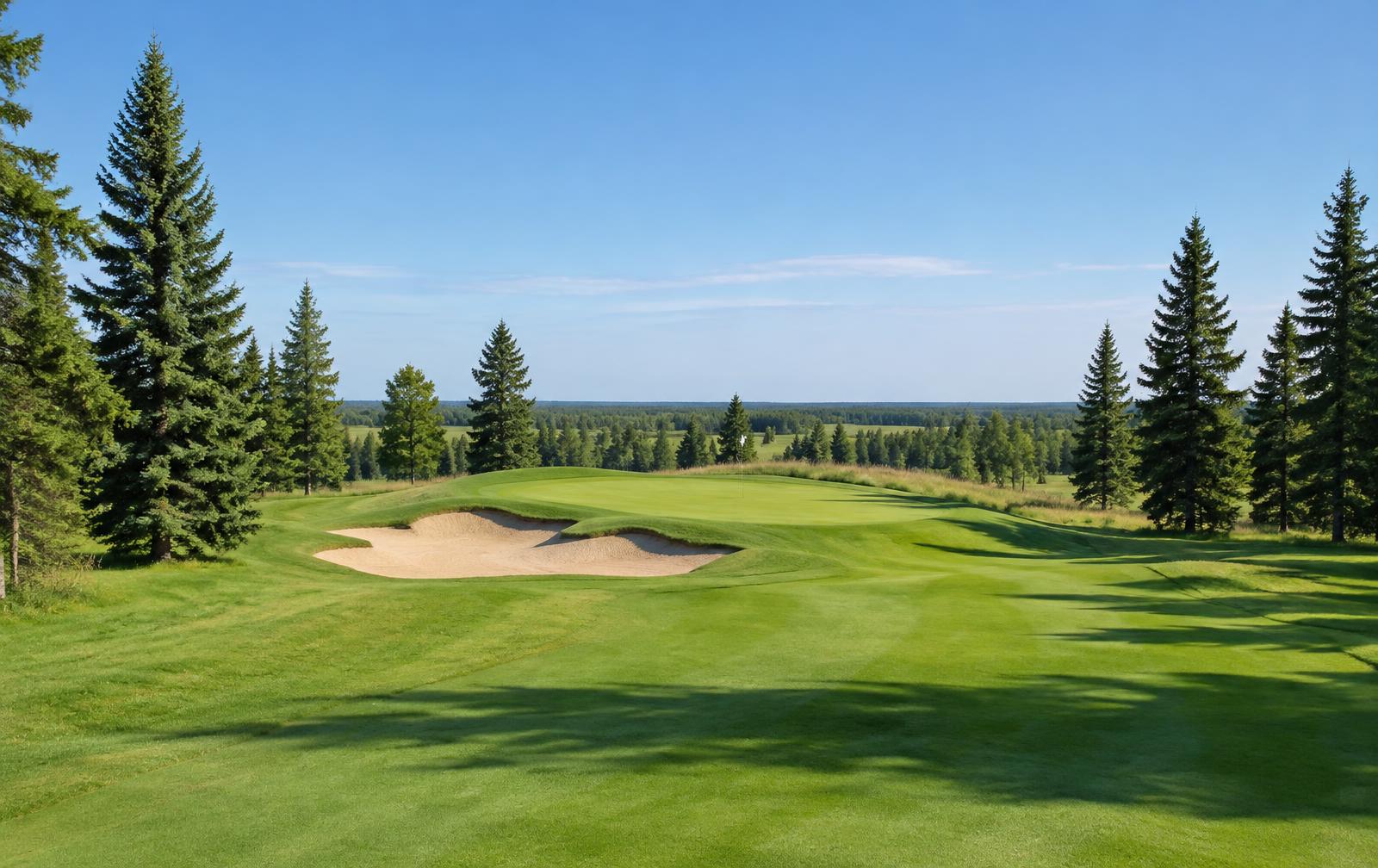 A bunkered green lined with spruce trees